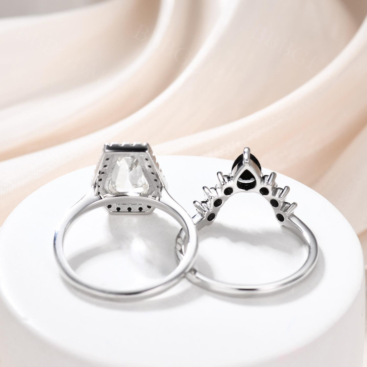 14K White Gold Coffin Cut White Topaz & Black Diamond Gothic Engagement Ring Set (2-Piece) – Perfect for Dark Romance Weddings, Gothic Proposals, and Alternative Jewelry Lovers