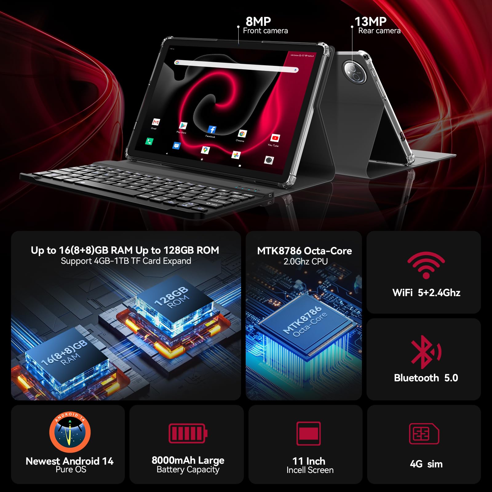 2025 Latest 11-inch Android 14 Tablet with 16GB RAM & 128GB ROM (Expandable to 1TB) - Dual 4G Cellular Tablet with Keyboard, 8000mAh Battery, Octa-Core Processor & 21MP Camera - 11