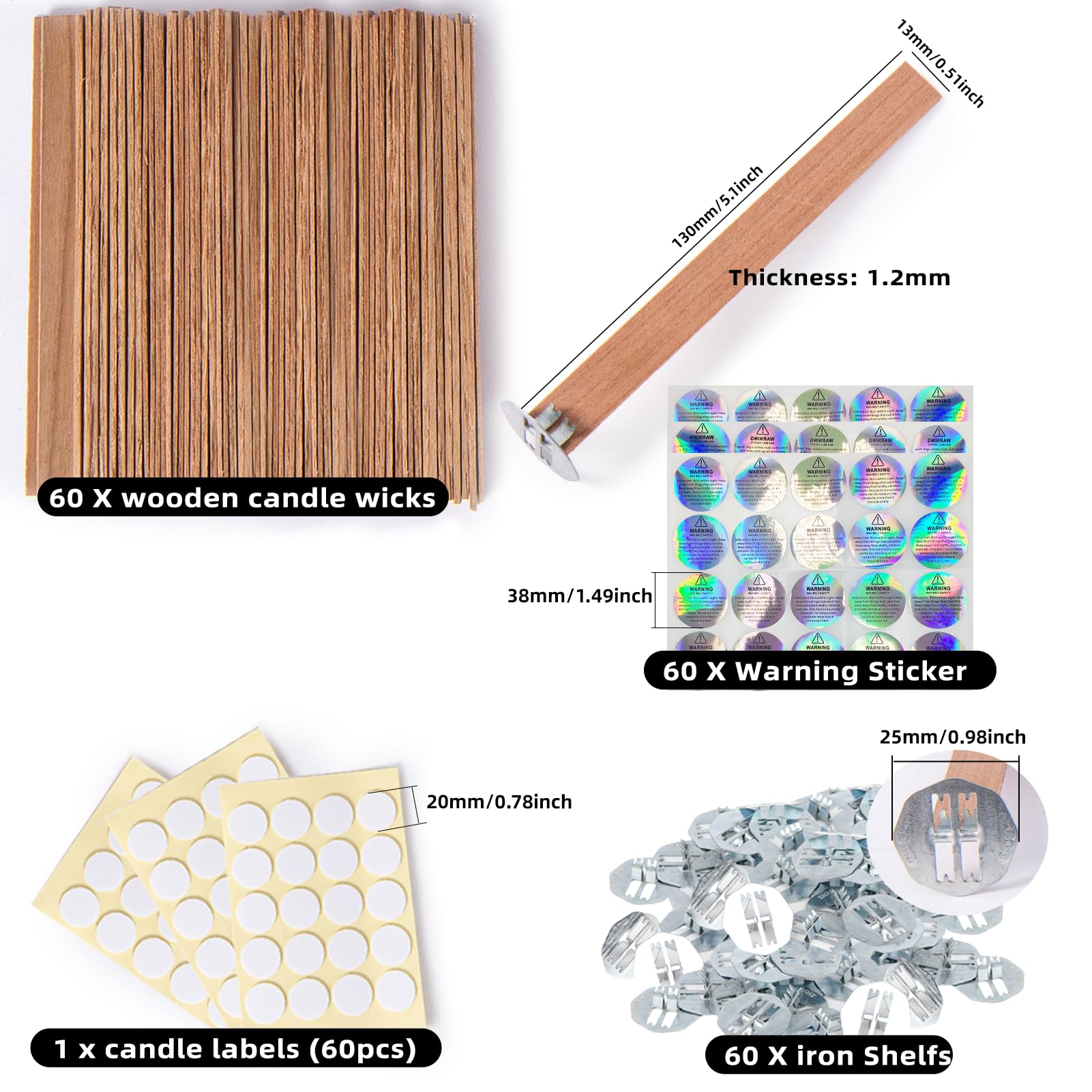 Premium 60-Piece Cherry Wood Candle Wicks Set - Extra Thick Wooden Wicks for Long-Lasting Flame - Includes 60 Stands, 60 Glue Dots & 60 Warning Labels - Perfect for DIY Candle Making, Home Decor & Relaxation Gifts