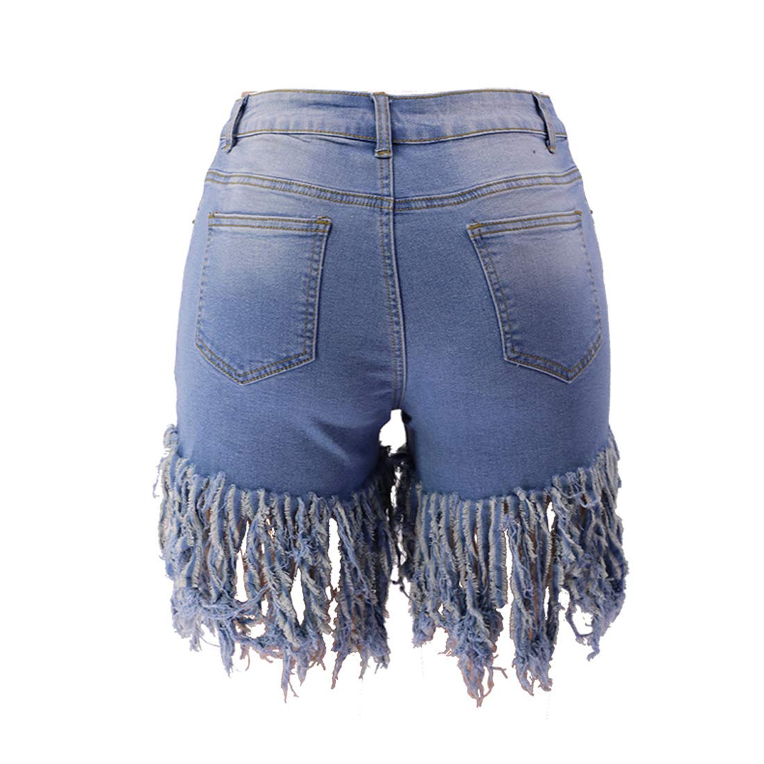 Women's High Waisted Denim Shorts with Tassels - Stretchy Summer Short Jeans with Frayed Raw Hem for Casual Wear & Club Outfits | Perfect for Beach, Music Festivals & Nightlife