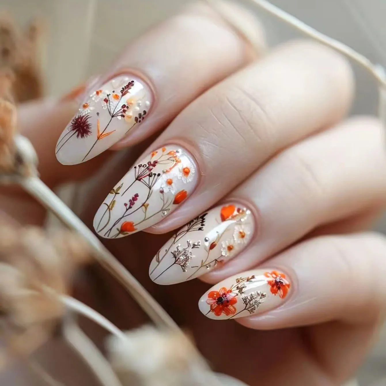 24Pcs Almond False Nails - Colorful Flower Design Press On Nails, Short Oval Full Cover Fake Nails for Everyday Wear & Special Occasions