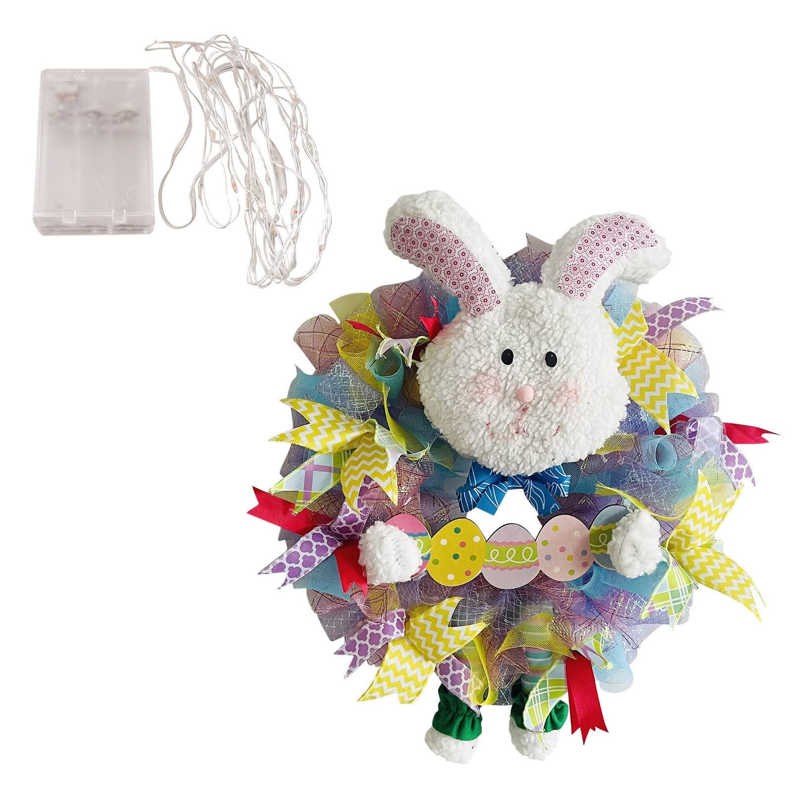 Glowing Easter Bunny Wreath for Front Door - Pink & White Cartoon Rabbit with Ears Decor - Cute Spring Home Decoration for Easter Party, Indoor Outdoor Holiday Decor