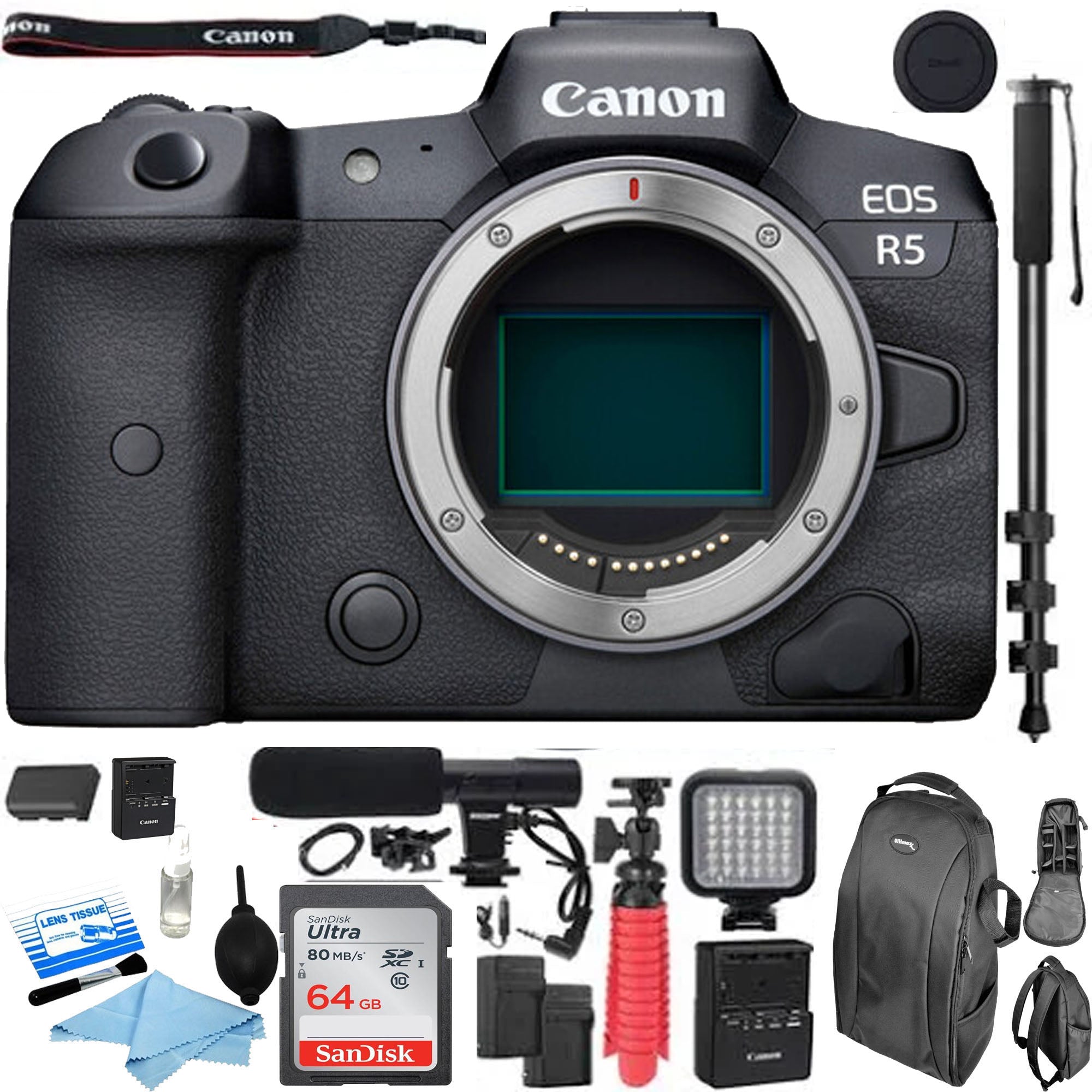 Canon EOS R5 Full Frame Mirrorless Digital Camera Body with Pro Accessories Kit - Includes Microphone, LED Light, Monopod & Backpack for Photography, Videography & Travel