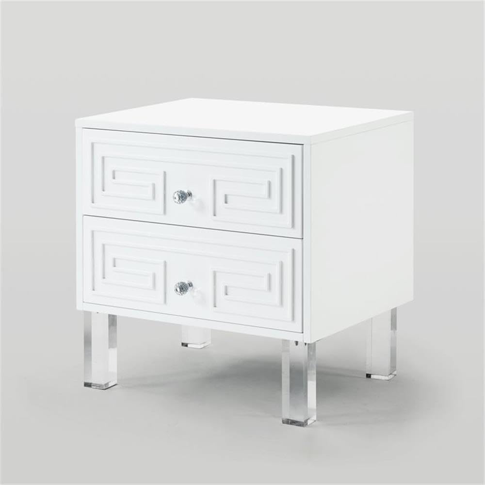 White Melanie 2-Drawer Nightstand with Clear Lucite Legs - Modern Bedside Table for Bedroom, Living Room & Guest Room