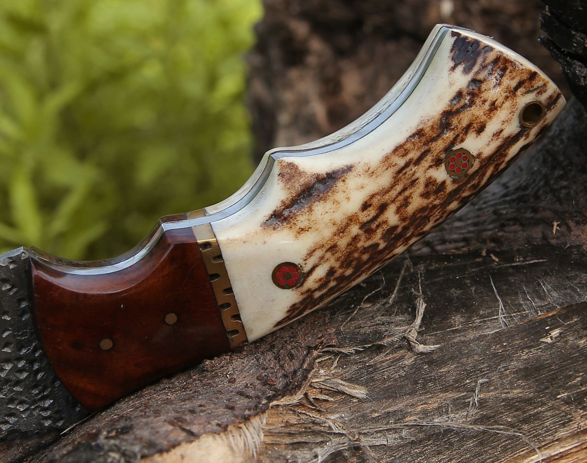 Premium Zeus Tracker Knife with Genuine Antler & Rosewood Handle - Survival, Hunting, and Outdoor Camping Essential