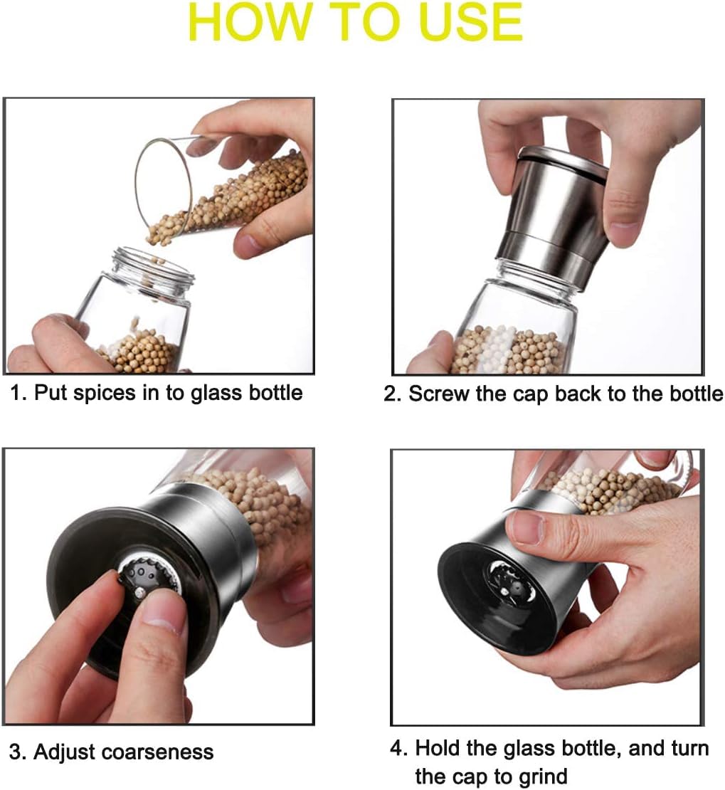 Premium Stainless Steel Sea Salt and Pepper Grinder Set - Manual Adjustable Ceramic Mill for Kitchen - Tall Glass Spice Grinder with Coarseness Control - Easy to Use & Refill - Perfect for Cooking, Baking & Table Seasoning (Small, 1-Pack)