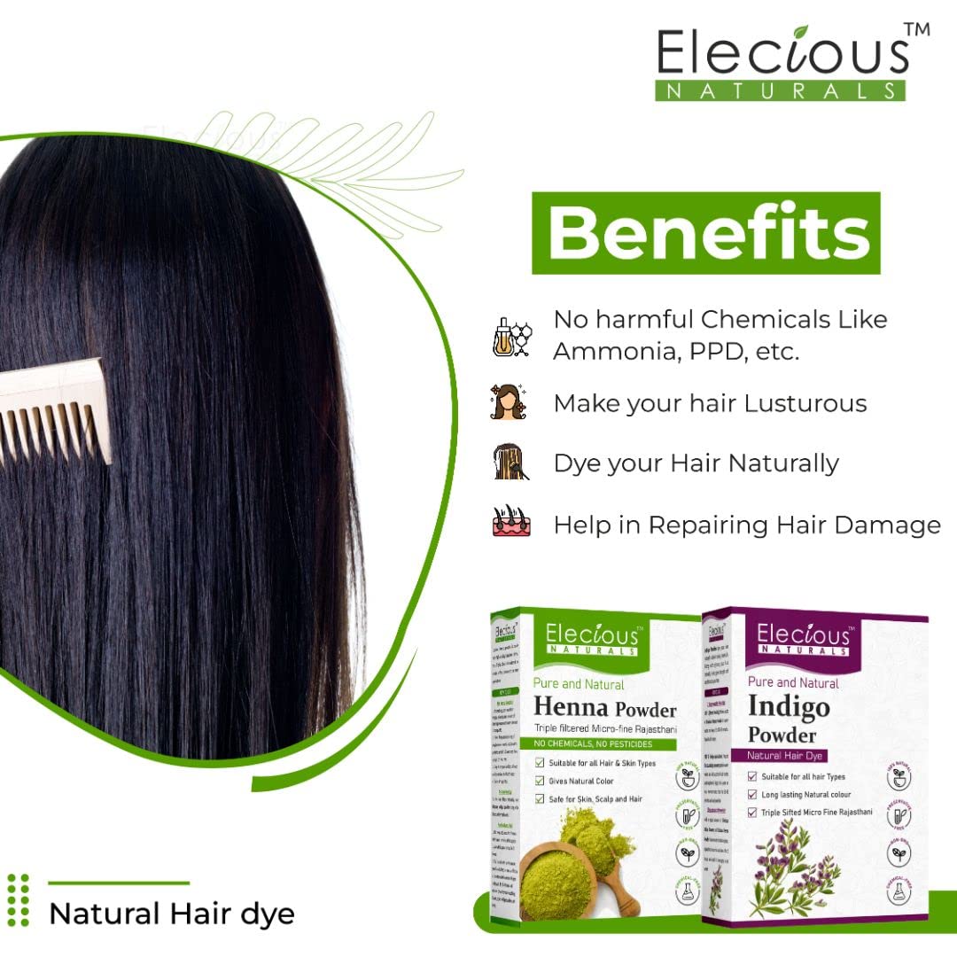 Elecious Naturals Indigo and Henna Powder for Black Hair - 200g Each, Total 400g | 100% Natural Hair Dye for Gray Coverage & Hair Coloring | Perfect for DIY Hair Treatments at Home