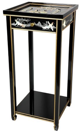 Exquisite Black Oriental Stand with Mother of Pearl Inlay - Vintage Jewelry Organizer with Drawer, Shelf & Glass Top - Perfect for Bedroom Vanity, Entryway Decor & Jewelry Display