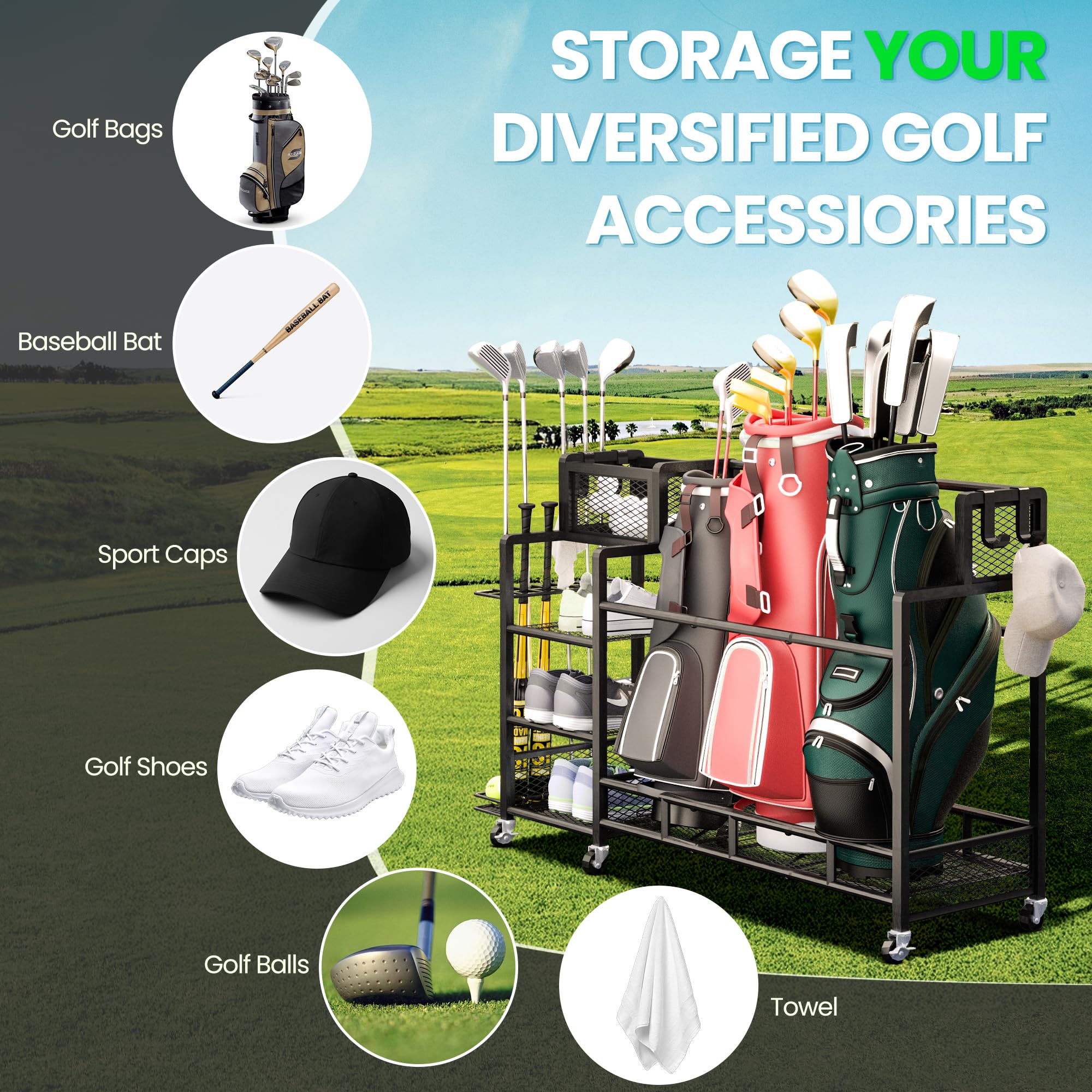 Recaceik Large Golf Storage Organizer with Wheels - Metal Golf Bag Stand & Accessories Rack for Garage, Shed, Basement (Black) | Perfect for Golf Club Storage & Organization in Home, Garage or Outdoor Spaces