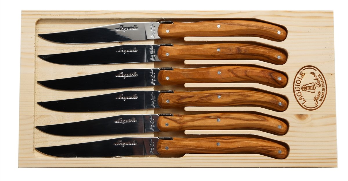 Premium Jean Dubost 6-Piece Steak Knife Set with Olive Wood Handles - Rustic French Cutlery for Steak Lovers - Made in France - Perfect for Dinner Parties & Gourmet Meals