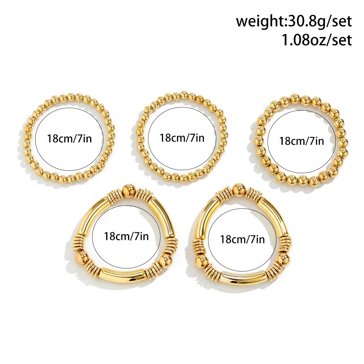 Jumwrit 5pcs Layered Beaded Bracelets Set for Women - Dainty Stretch Elastic Round Ball Beads Chain Tube Bangle Boho Stackable Bracelets - Trendy Jewelry for Girls & Teens - Perfect for Casual Wear, Parties, and Gifts