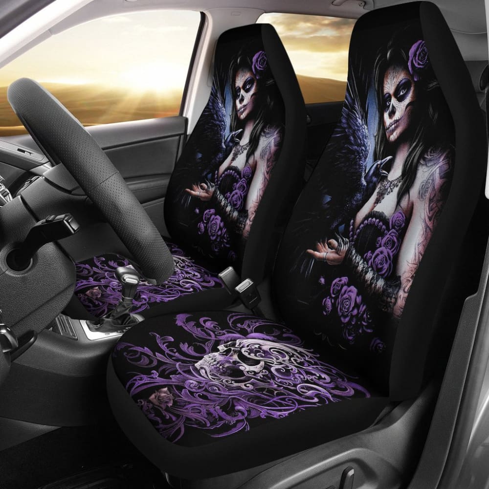2 Pcs Sugar Skull Girl Car Seat Covers - Gothic Floral Print Universal Fit for Cars, Trucks & SUVs - Perfect for Dia de Los Muertos Decor and Halloween Car Accessories