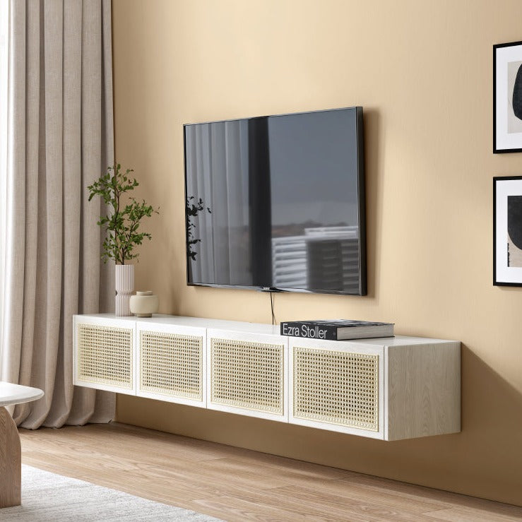 Solid Oak Wood Rattan TV Stand with LED Lights - Modern Cream Style Entertainment Center for Living Room, Bedroom & Home Theater