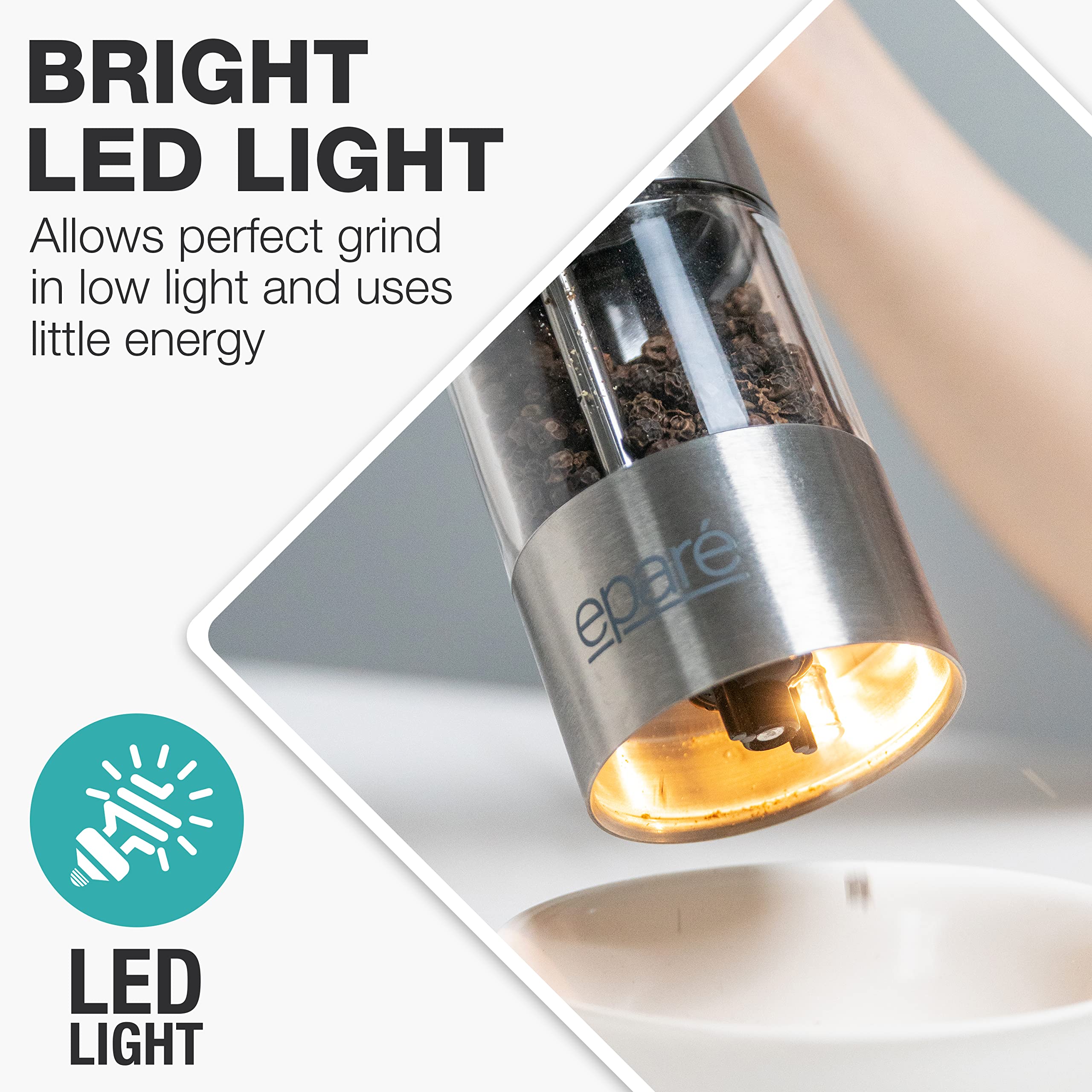 Eparé Electric Salt and Pepper Grinder with LED Light - Battery Powered Automatic One-Handed Mill - Adjustable Ceramic Burr & Refillable Stainless Steel Shaker - Perfect for Kitchen, Dining, Camping, and Gifting