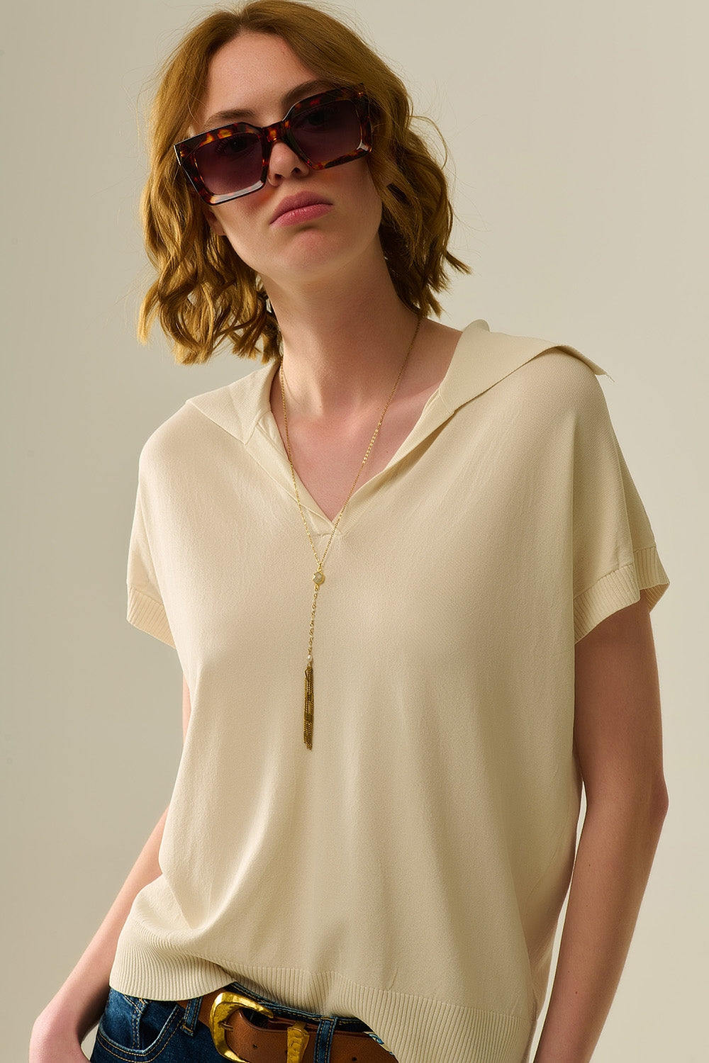 Fine Knit Beige Polo Shirt with Short Sleeves - Casual Summer Wear for Men | Office, Golf & Outdoor Activities