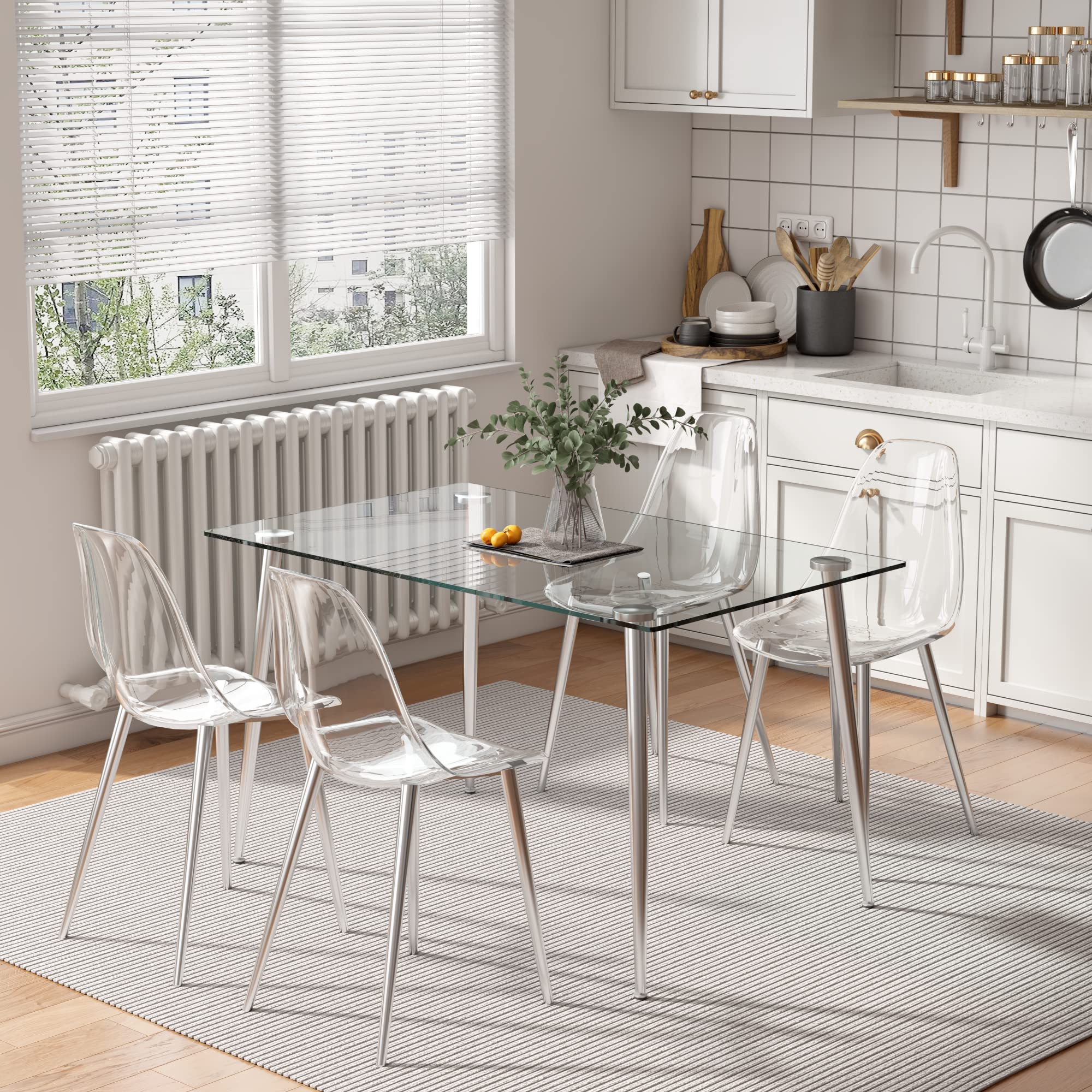 Baysitone 4-Piece Clear Acrylic Dining Chairs Set - Modern Transparent Kitchen Chairs with Sturdy Metal Legs - Silver Finish for Dining Room, Kitchen & Living Room - Perfect for Small Spaces, Minimalist Decor & Contemporary Home Settings