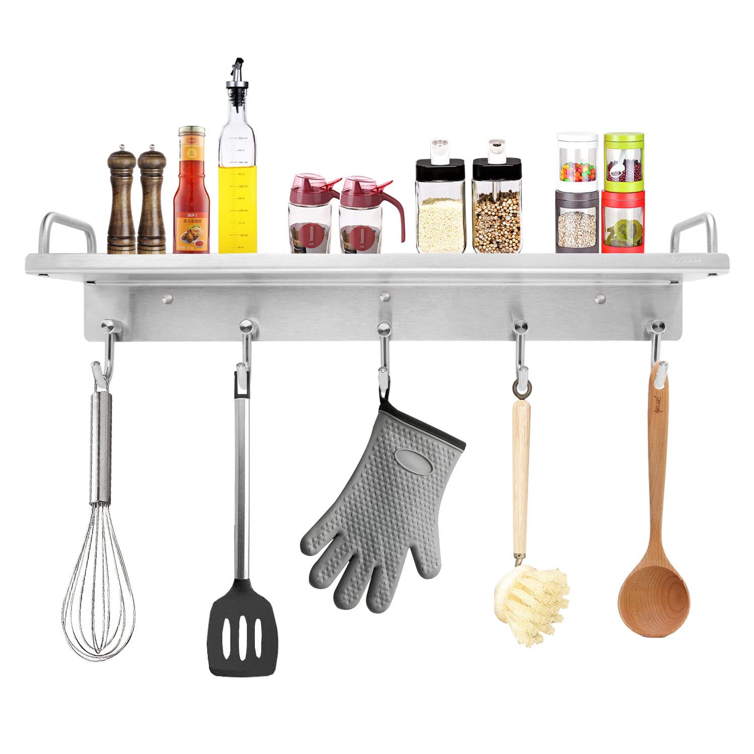 Stainless Steel Wall Mount Kitchen Utensil & Spice Rack with Hooks - Over the Stove Shelf Organizer for Spatulas, Spoons & Seasoning Jars - Perfect for Small Kitchen Storage & Cooking Space Organization