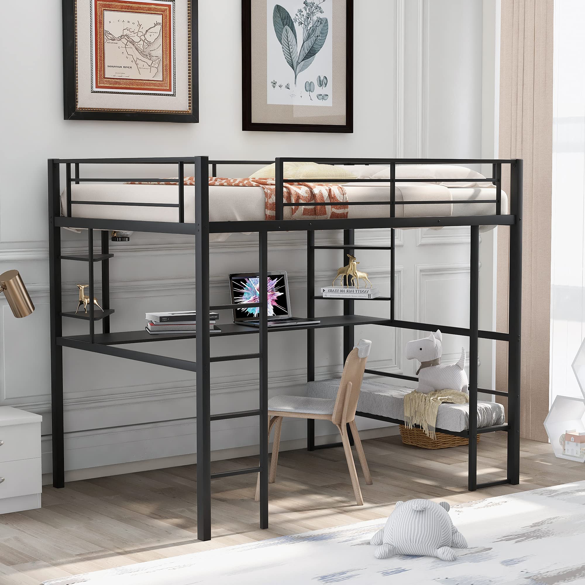 Full Size Loft Bed with Desk & Shelves - Metal & MDF Study Bed Frame for Kids & Teens - Space-Saving Black Loft Bed with 2 Ladders & Safety Guardrails (Model SM000608AAB) - Perfect for Small Bedrooms, Dorm Rooms & Studio Apartments