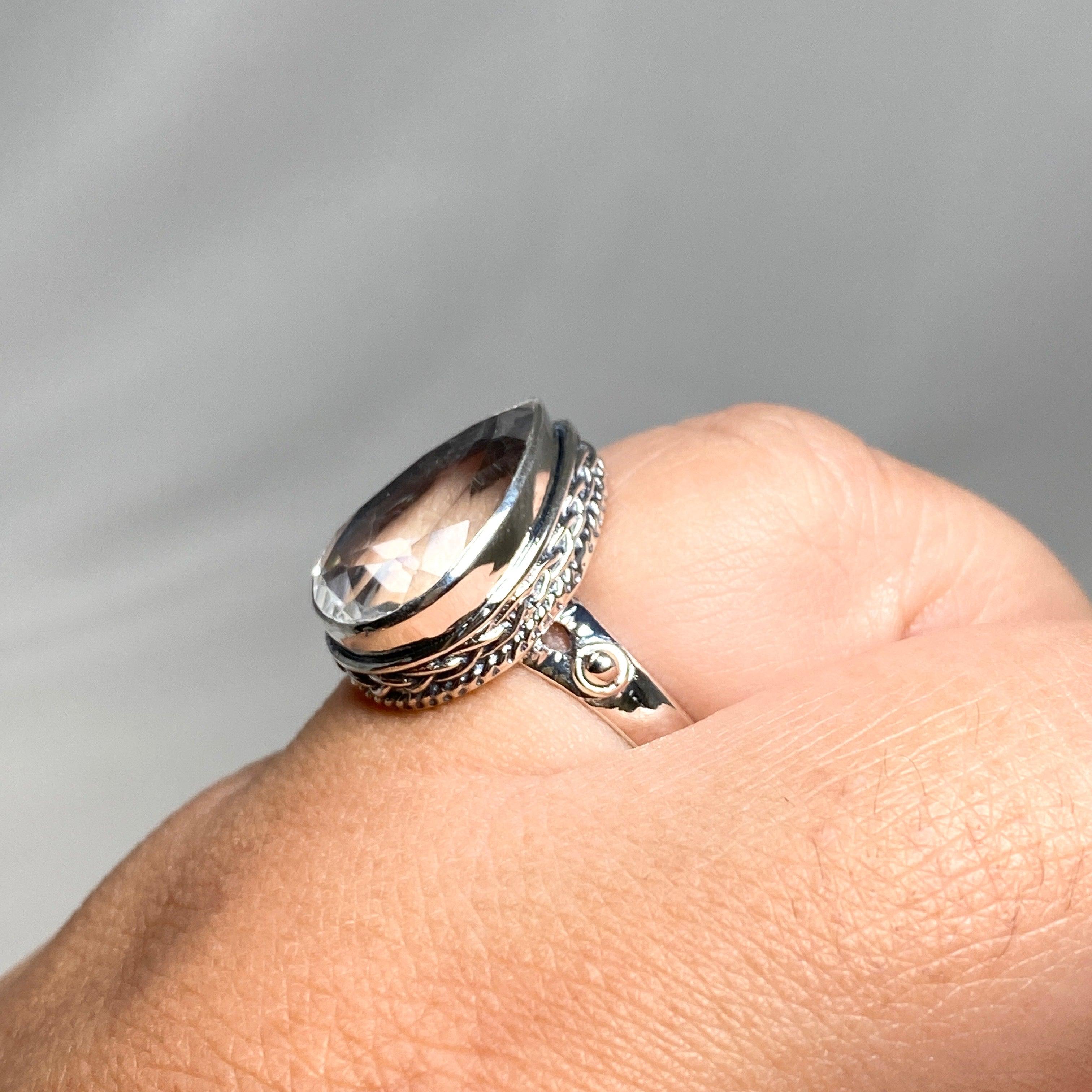 Natural Clear Quartz Faceted Teardrop Ring - Sterling Silver Elegant Setting R3817 | Spiritual Healing Jewelry, Meditation & Energy Work Accessory