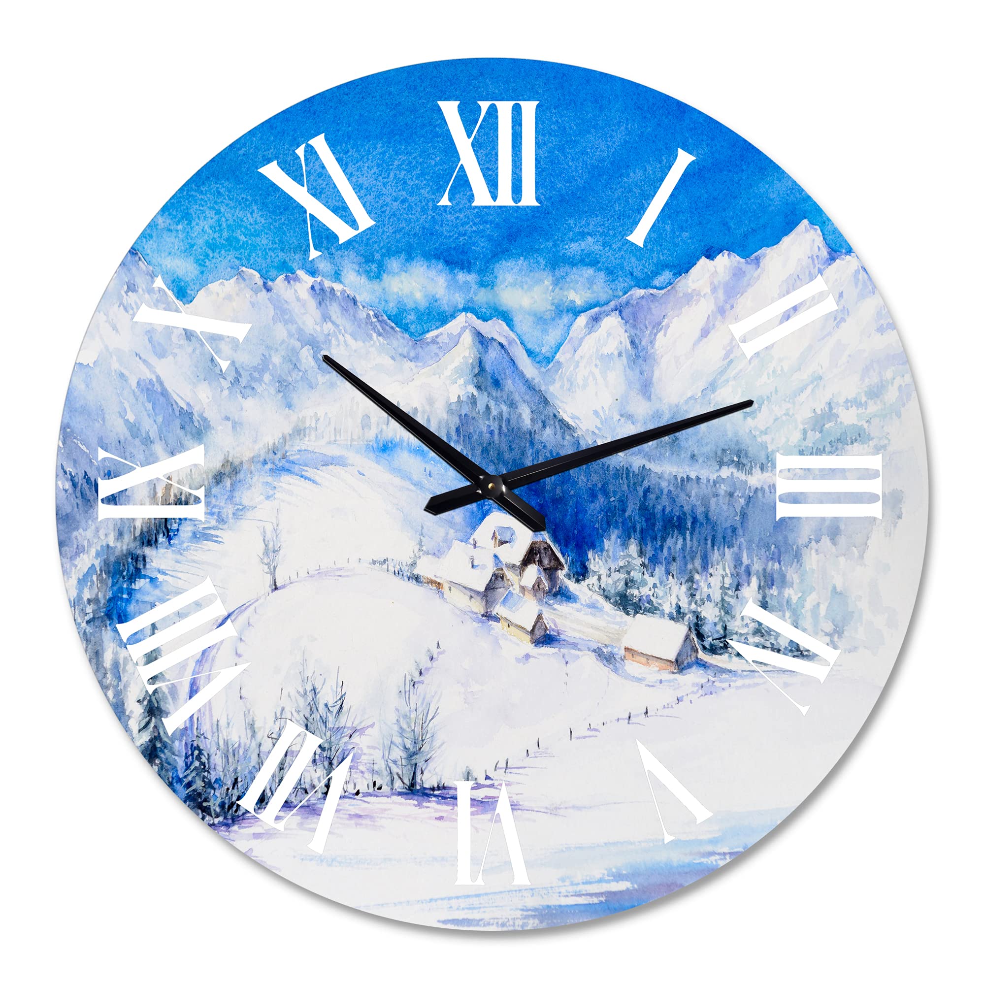 DesignQ Traditional Wall Clock - Winter Mountain Landscape with Wooden House - Large Nature-Themed Wall Clock for Home & Office Decor - Perfect for Living Room, Bedroom, and Cabin