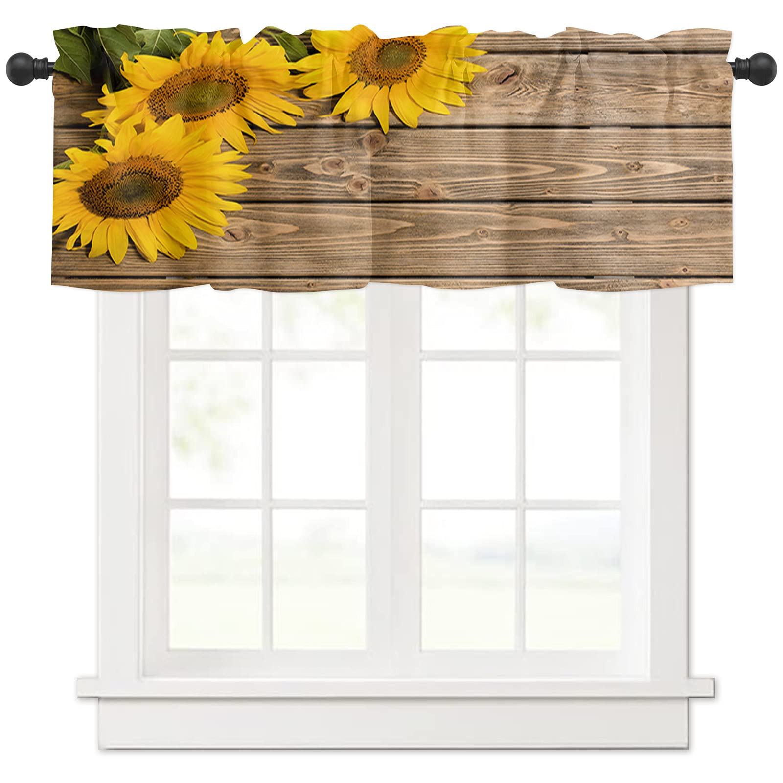 Distressed Rustic Wood Sunflowers Valance Curtains - 54