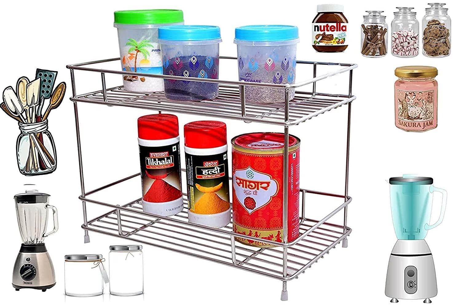 Zepdos 2-Tier Metal Kitchen Storage Rack - Space Saving Organizer for Countertop, Cabinet & Dresser | Multi-Purpose Shelf Stand for Spices, Utensils & Pantry Items | Perfect for Small Kitchen Organization