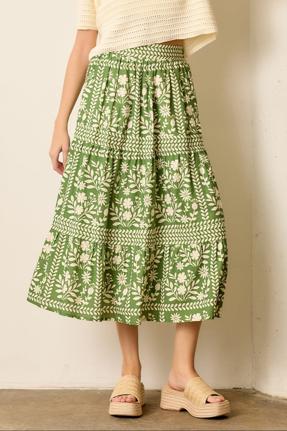 Stylish Paradise Found Midi Skirt for Women - Floral Print Summer Skirt with Elastic Waist | Perfect for Beach Vacations, Date Nights & Casual Outings
