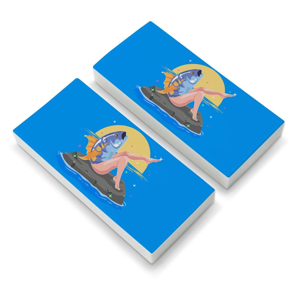 2-Pack Reverse Mermaid with Tuna Head Erasers - Fun Novelty Pencil Toppers for School, Office & Gift Giving
