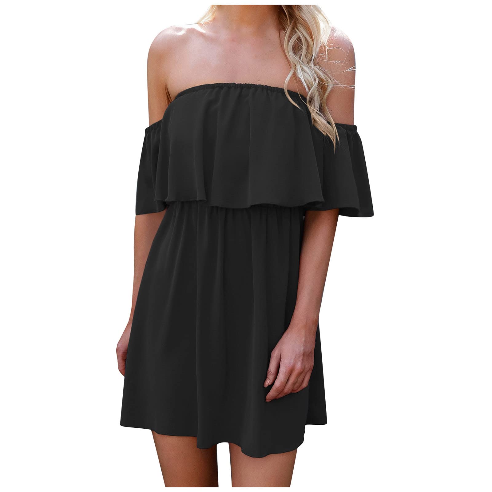 BoomDDD Women's Summer Casual Off-Shoulder Ruffled Mini Dress - Plus Size Flowy Party Dress for Beach, Date Night & Special Occasions