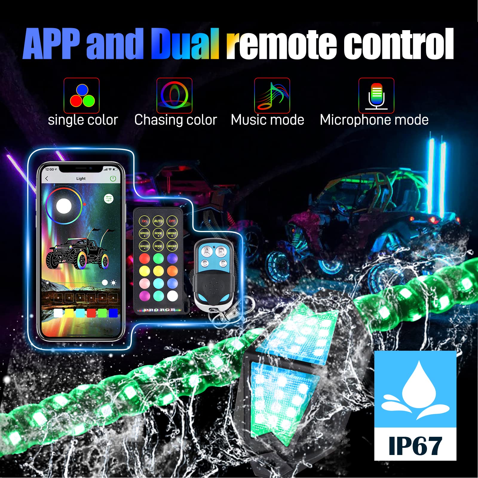 2PCS 3FT UTV Whip Lights & 4Pods Rock Lights Combo with APP & Remote Control - RGB Color Changing Off-Road Warning Light Kit for ATV, Jeep, Truck - Perfect for Night Riding, Camping & Off-Road Adventures