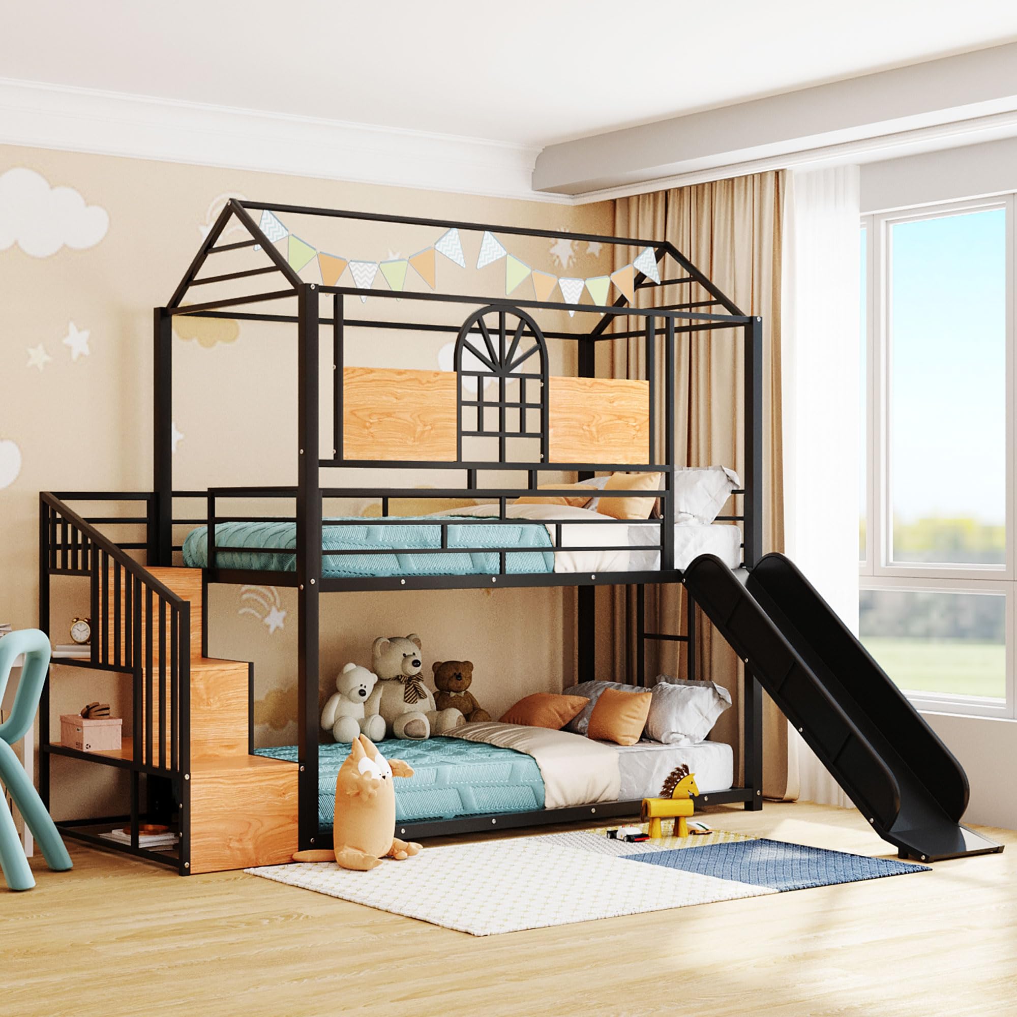 **Kids Metal Bunk Bed with Slide & Storage Stairs - Twin Over Twin House Bed with Full-Length Guardrails & Ladder - No Box Spring Needed (Black) - Perfect for Kids' Bedrooms, Playrooms & Sleepovers**