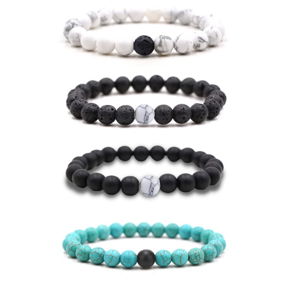 Natural Lava Rock Beads Bracelet Set - Stretchable Adjustable Braided Rope Gemstone Bracelets for Men & Women (4-Piece Set) - Perfect for Yoga, Meditation, Gifts & Everyday Wear