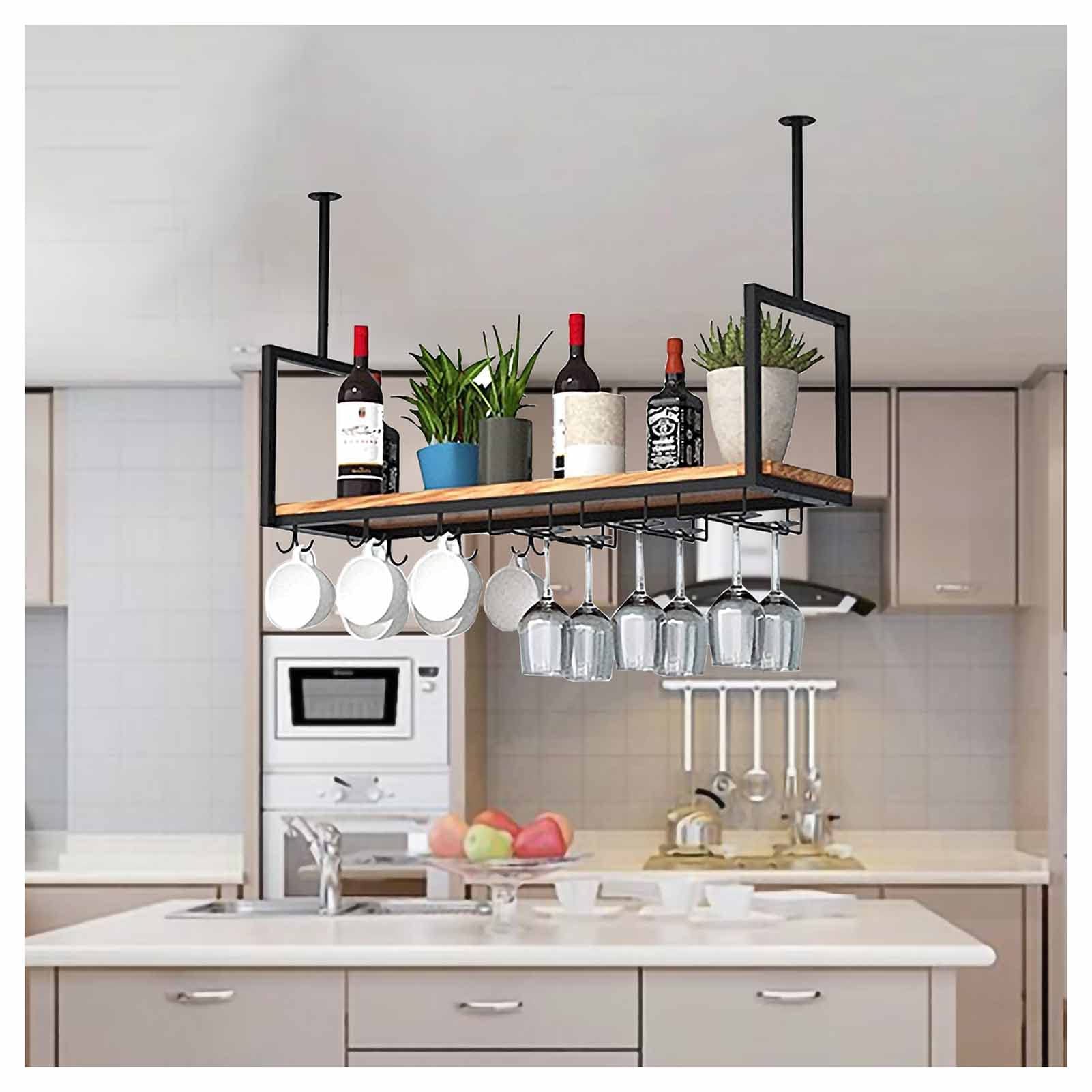 Vintage Black Metal Ceiling Mount Wine Rack with Stemware Glass Shelf - Under Cabinet Hanging Storage for Kitchen, Bar & Restaurant - Perfect for Small Spaces & Wine Display