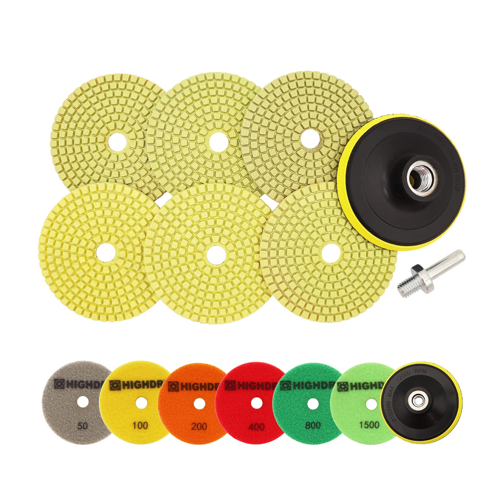Wet Diamond Polishing Pads 6-Piece Set (4 Inch, #50-#1500 Grit) for Granite, Marble & Ceramic - Includes 1 Plastic Backing Pad & 1 Adapter (5/8-11 Thread) - Perfect for Stone Countertop Refinishing, Tile Restoration & DIY Home Improvement Projects