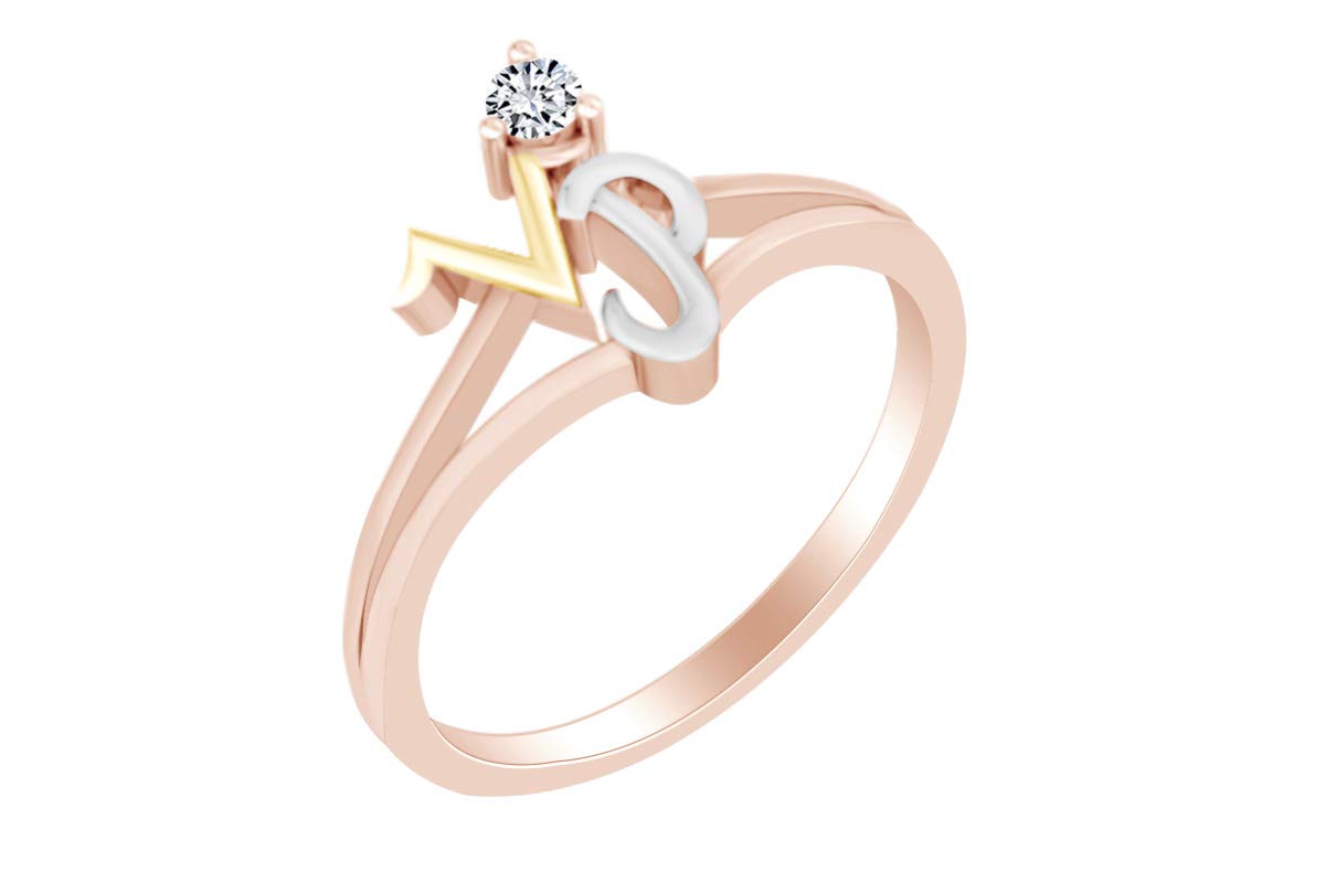 Natural Diamond Accent Initial Letter V & P Solitaire Ring - 14k Gold Over Sterling Silver Round White Ring for Women - Perfect for Anniversary, Engagement, Wedding & Gift Giving