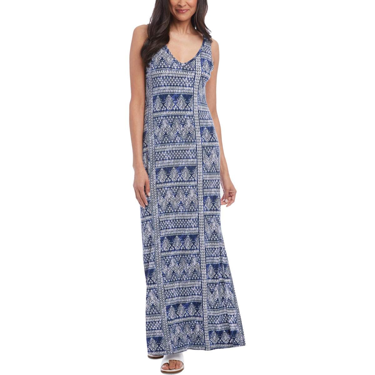 Karen Kane Women's Alana Printed Side Slit Maxi Dress - Navy Blue, Size L | Flowy Summer Beach Dress for Vacation, Party & Casual Wear