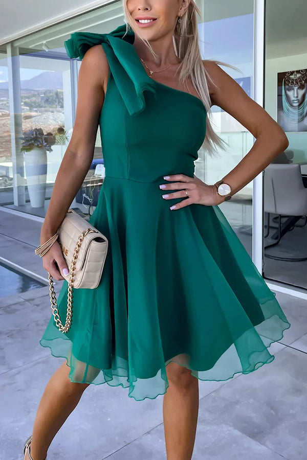 Lifetime Celebrations Tulle One Shoulder Bow Design Mini Dress - Elegant Party Dress for Prom, Wedding, Cocktail & Special Occasions