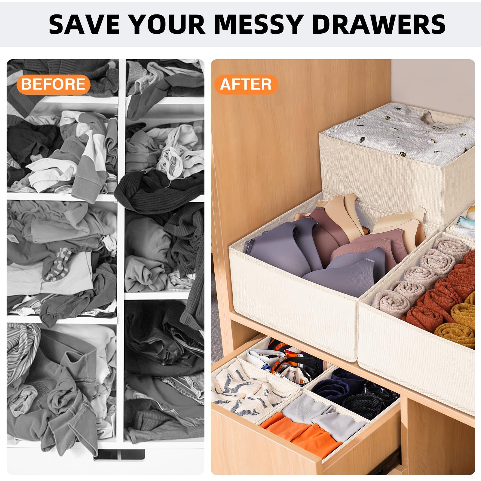 Criusia 15-Pack Fabric Drawer Organizers for Baby Clothes - Beige Dresser Dividers for Nursery, Bedroom & Closet Storage | Perfect for Organizing Infant Wear, Socks & Accessories