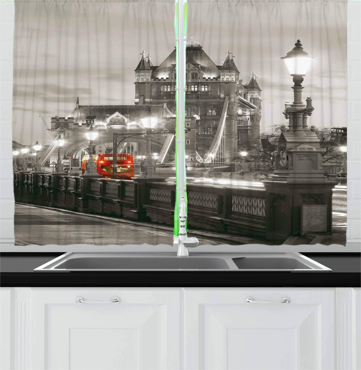 Ambesonne Black and White Kitchen Curtains Set of 2 Panels - London Tower Bridge Cityscape Design for Modern Home & Cafe Decor, 55 x 39 Inches, Taupe Grey Red - Perfect for Kitchen Windows, Dining Rooms & Coffee Shops