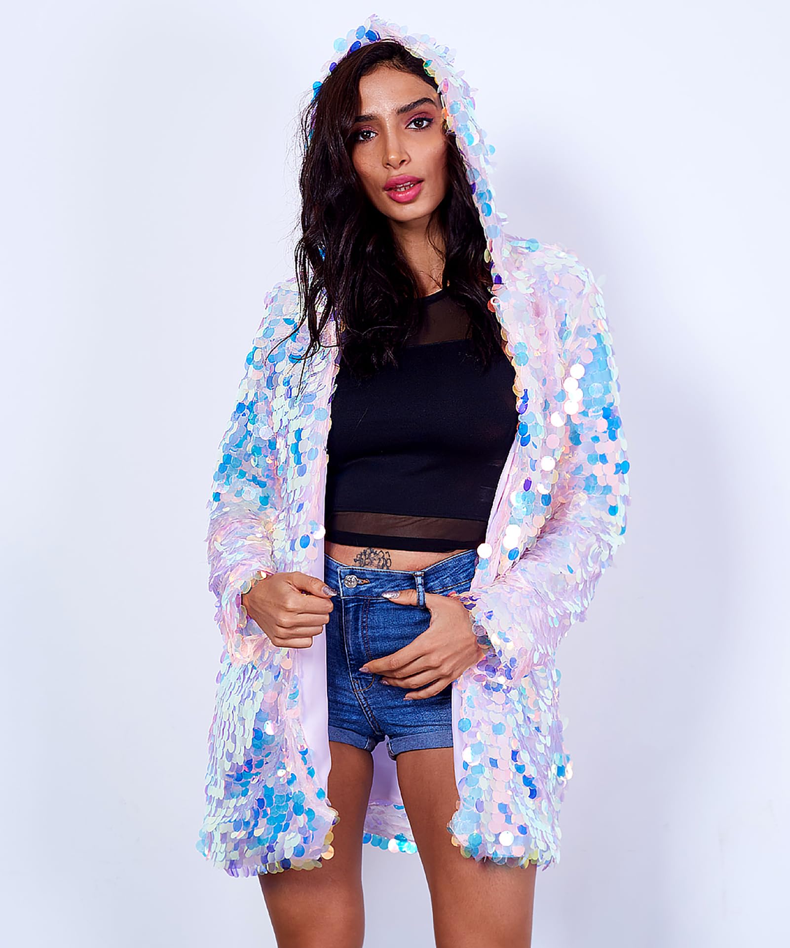 LED Light Up Sequin Jacket for Women - Sparkly Coat with LED Lights for Rave, Festival & Party Outfits - Perfect for Halloween, Concerts, Nightclubs and Special Events