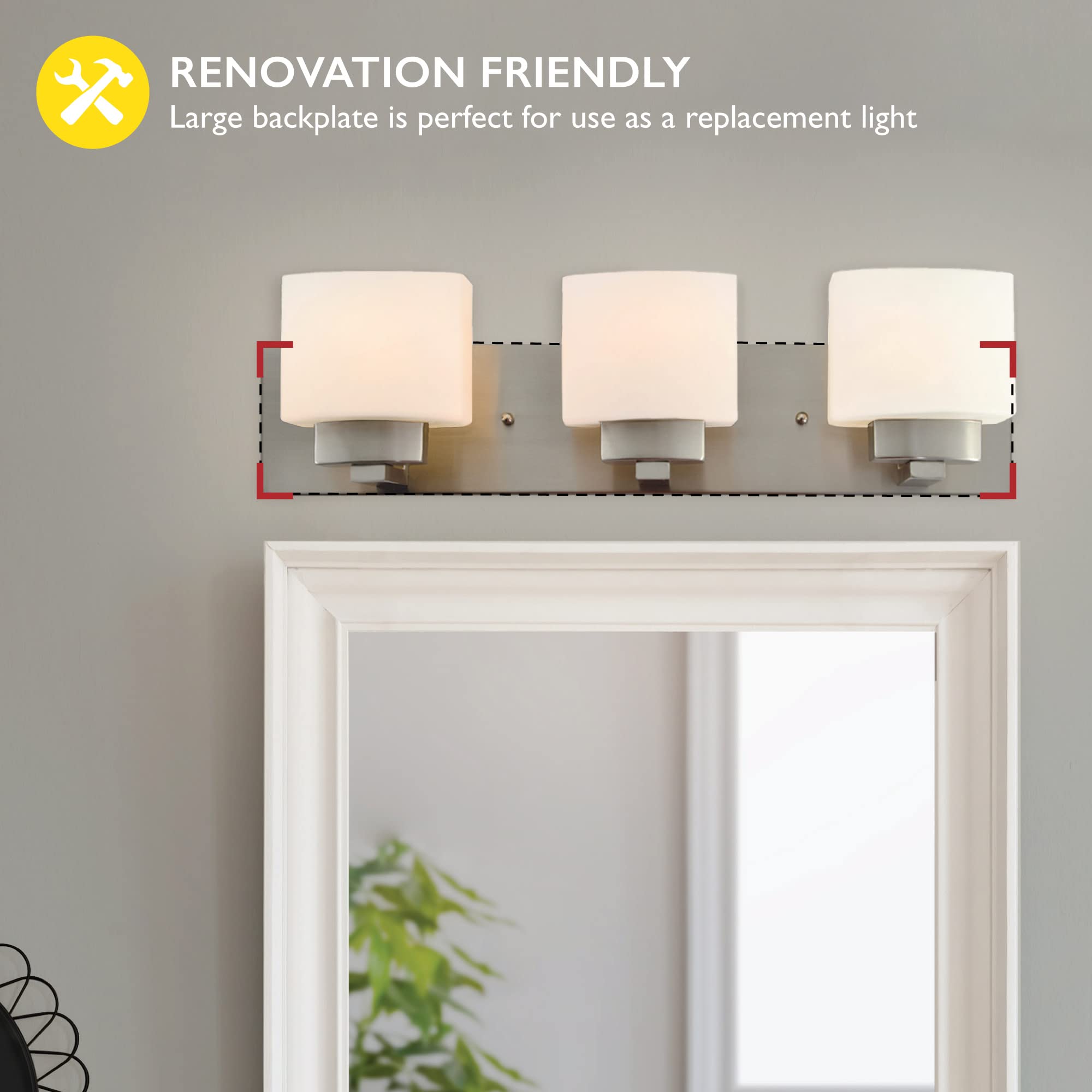 Dimmable Dove Creek Vanity Light with Frosted Glass - 3-Light Bathroom Mirror Fixture in Satin Nickel | Perfect for Modern Bathroom Lighting & Makeup Vanity Areas