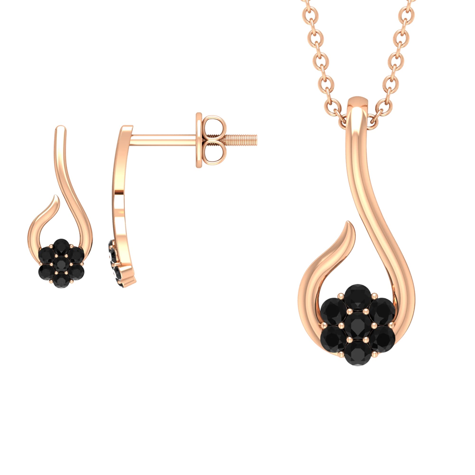 1/2 CT Lab-Created Black Diamond Jewelry Set - 14K Solid Gold Flower Pendant with Chain - Elegant Dainty Necklace for Women - Perfect for Weddings, Anniversaries & Special Occasions