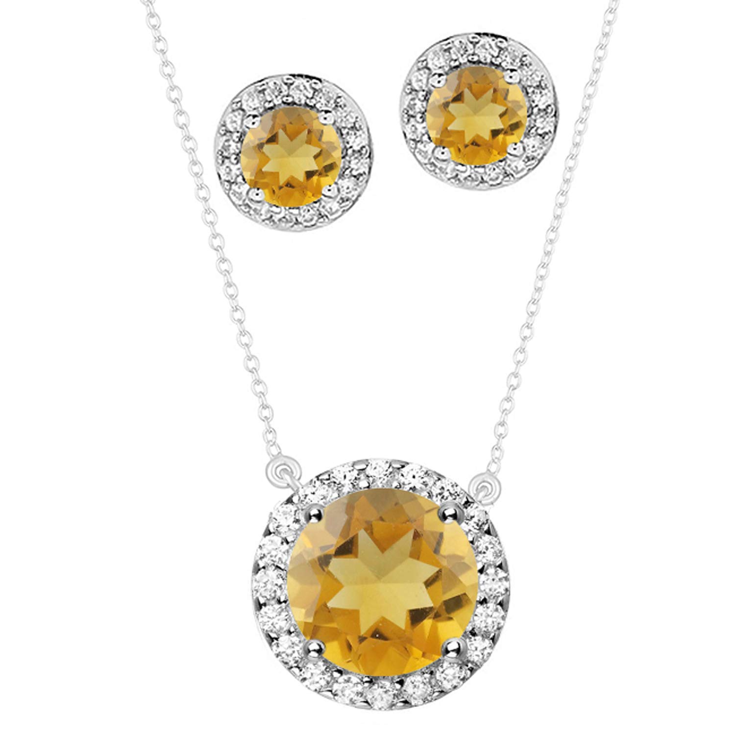 Natural Citrine & White Topaz Sterling Silver Halo Pendant & Earrings Set with 18