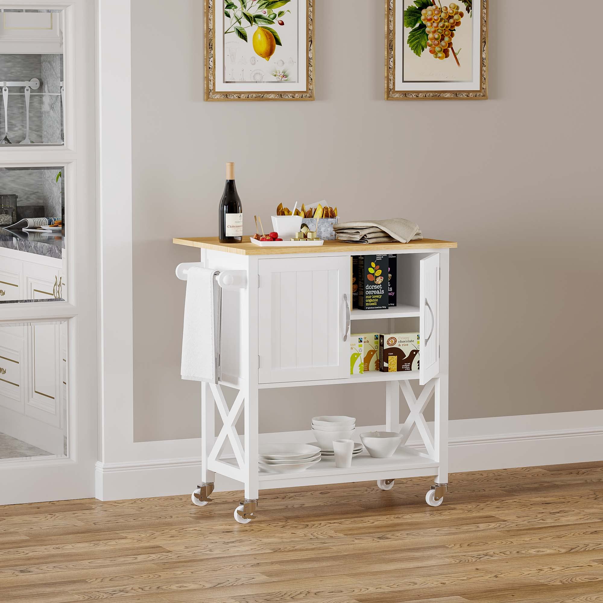 Spirich Kitchen Island on Wheels with Storage Cabinet - White Rolling Kitchen Cart with Drop Leaf & Towel Rack | Portable Mobile Workstation for Small Kitchens, Dining Rooms & Apartments | Perfect for Food Prep, Extra Counter Space & Storage Organization