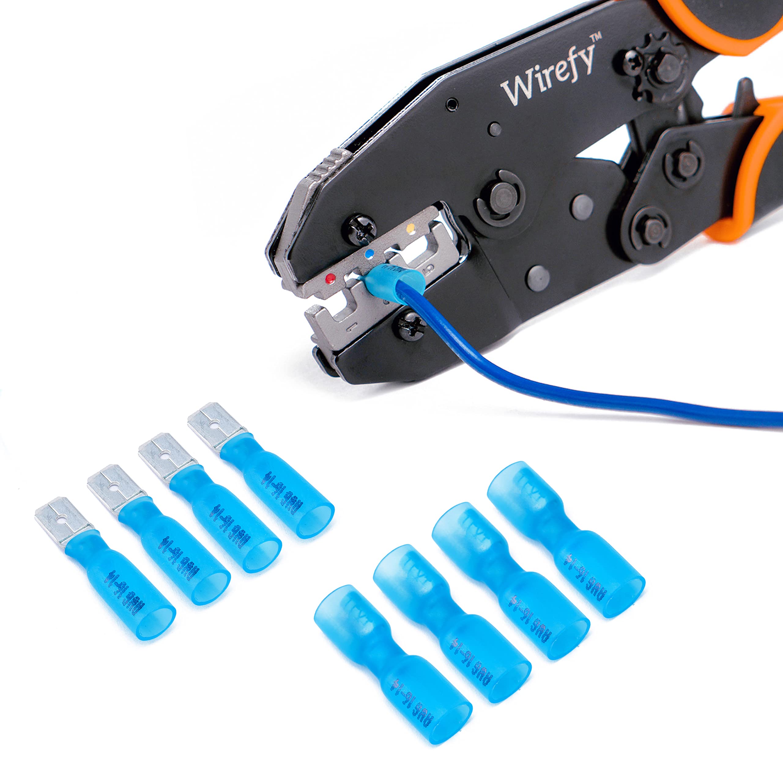 Wirefy 150 PCS Female Spade Connectors - 16-14 Gauge Heat Shrink Quick Disconnect Electrical Terminals (Blue) for Automotive, Marine & Home Wiring Applications