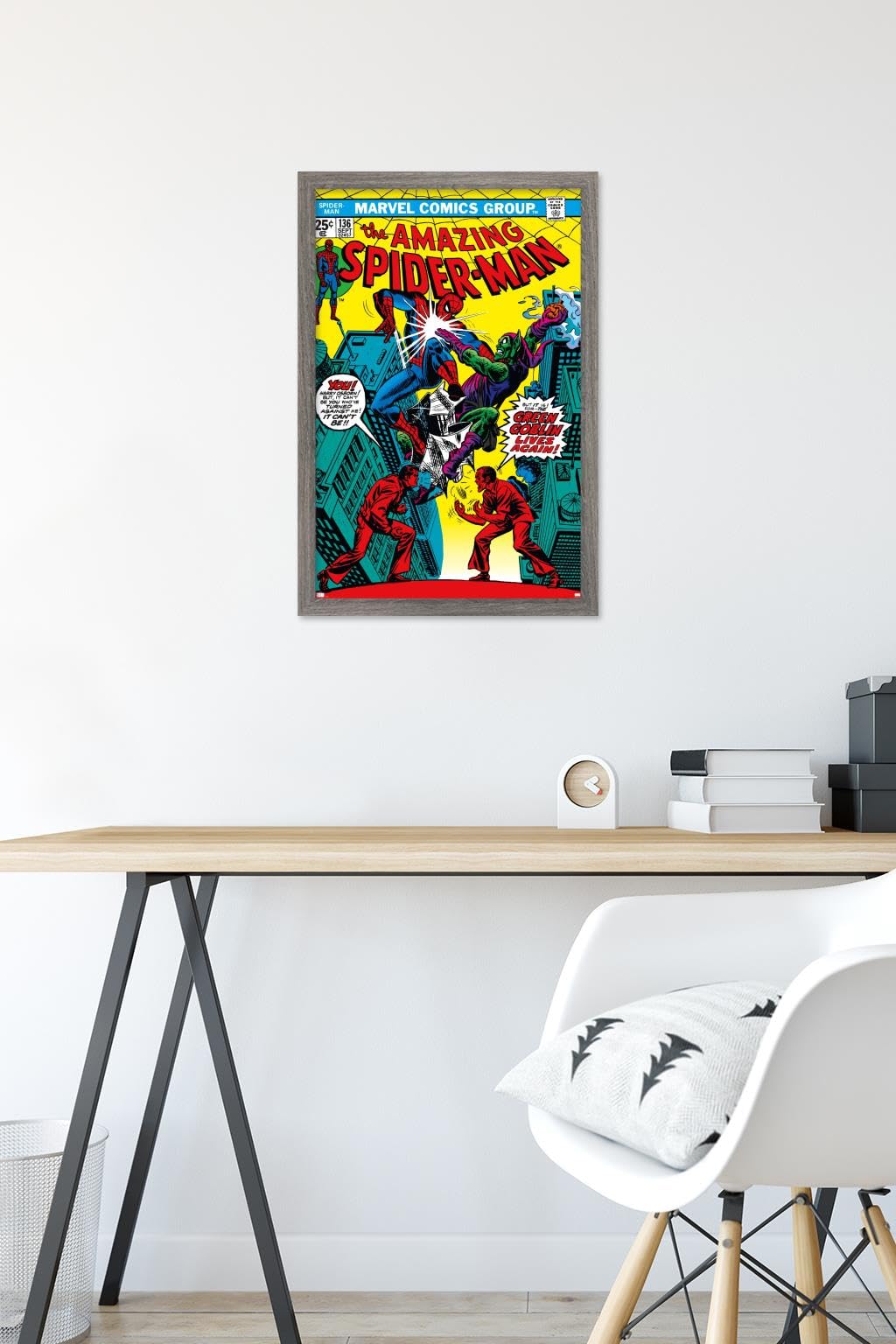 Marvel Comics Green Goblin Wall Poster - The Amazing Spider-Man #136 Framed Art Print, 22.4x14.7 Inches, Barnwood Frame - Perfect for Superhero Bedroom Decor & Comic Book Collector Gifts