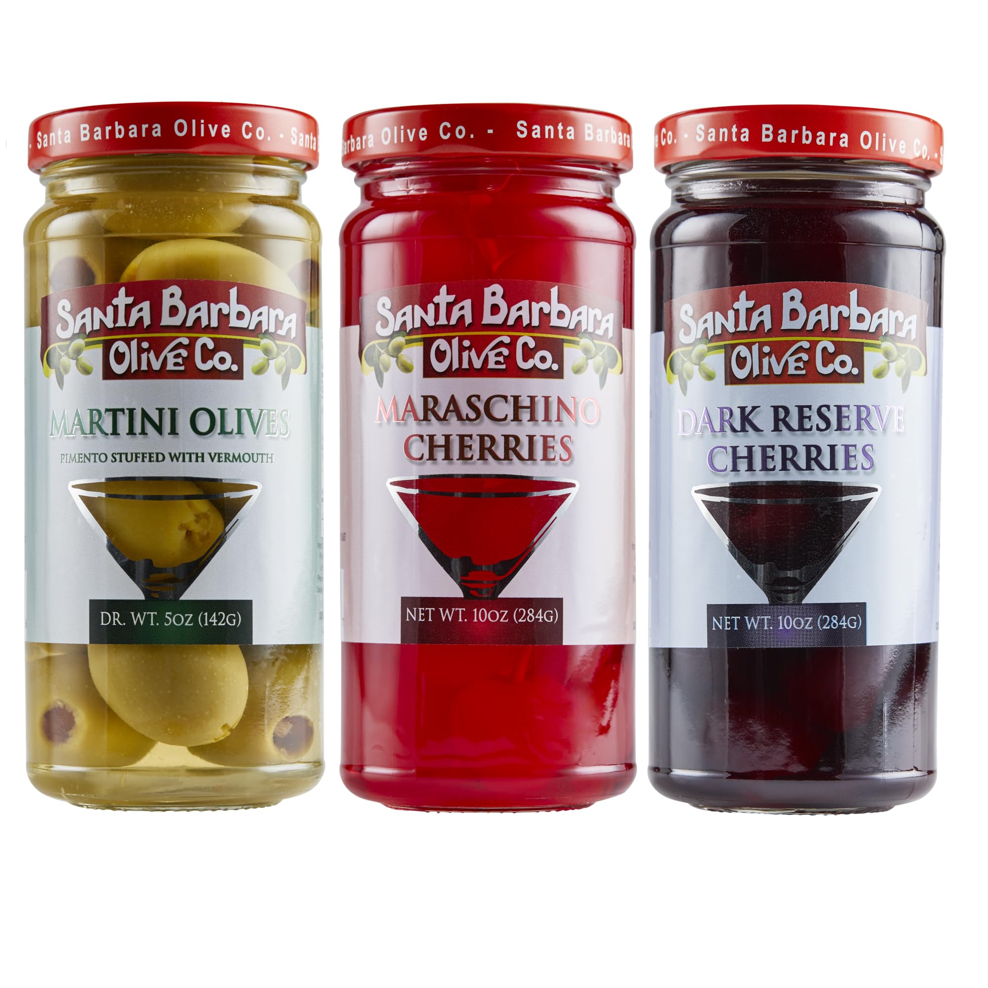 Premium Santa Barbara Cocktail Mixer Gift Set - Gourmet Maraschino Cherries, Dark Cherries & Martini Olives for Professional Bartending | Perfect for Home Bars, Cocktail Parties & Holiday Gifts