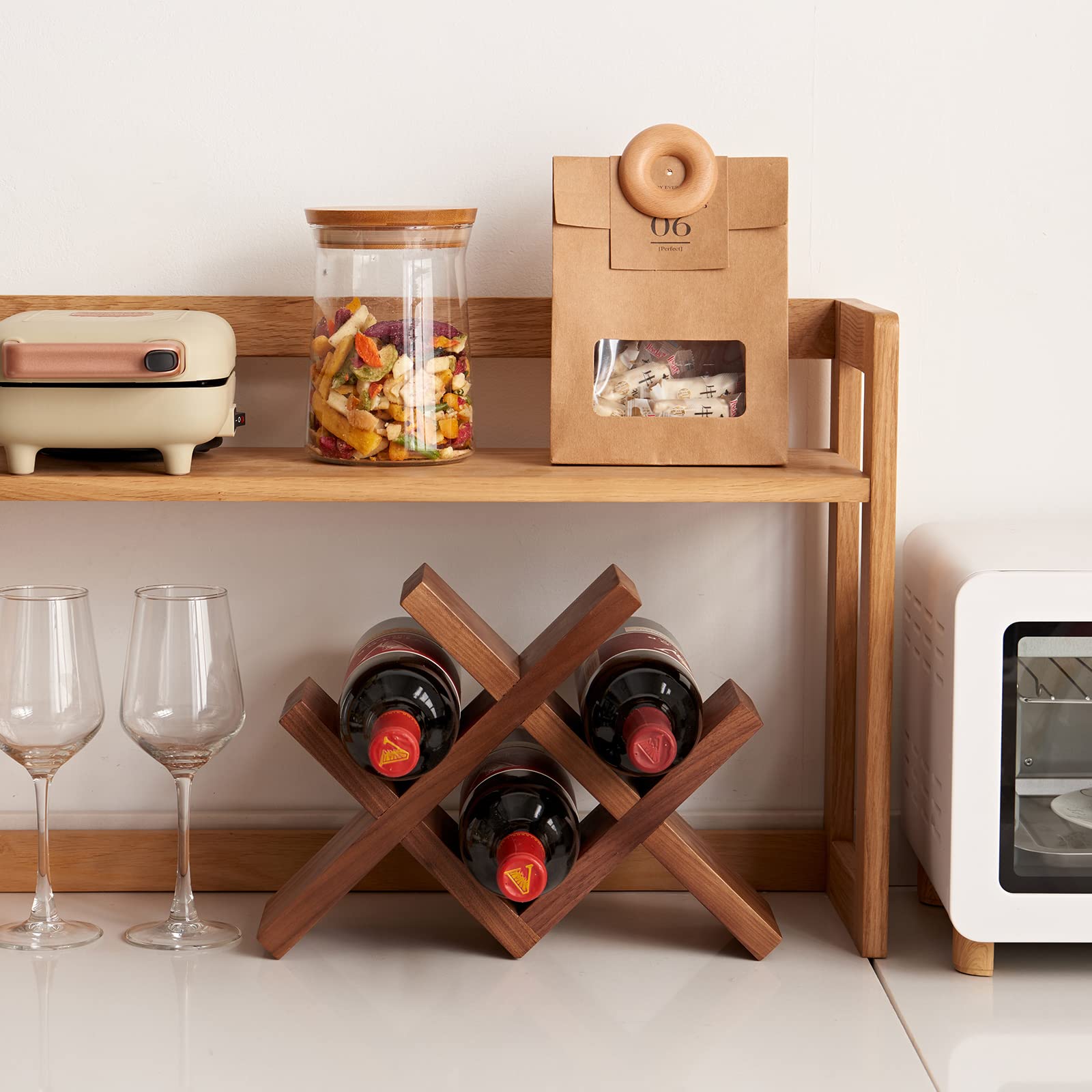 Solid Oak Wood Countertop Wine Rack - 4 Bottle Holder for Wine, Beer & Drinks - Durable Walnut Organizer for Home Bar, Kitchen & Cellar - Perfect for Entertaining & Space Saving Storage