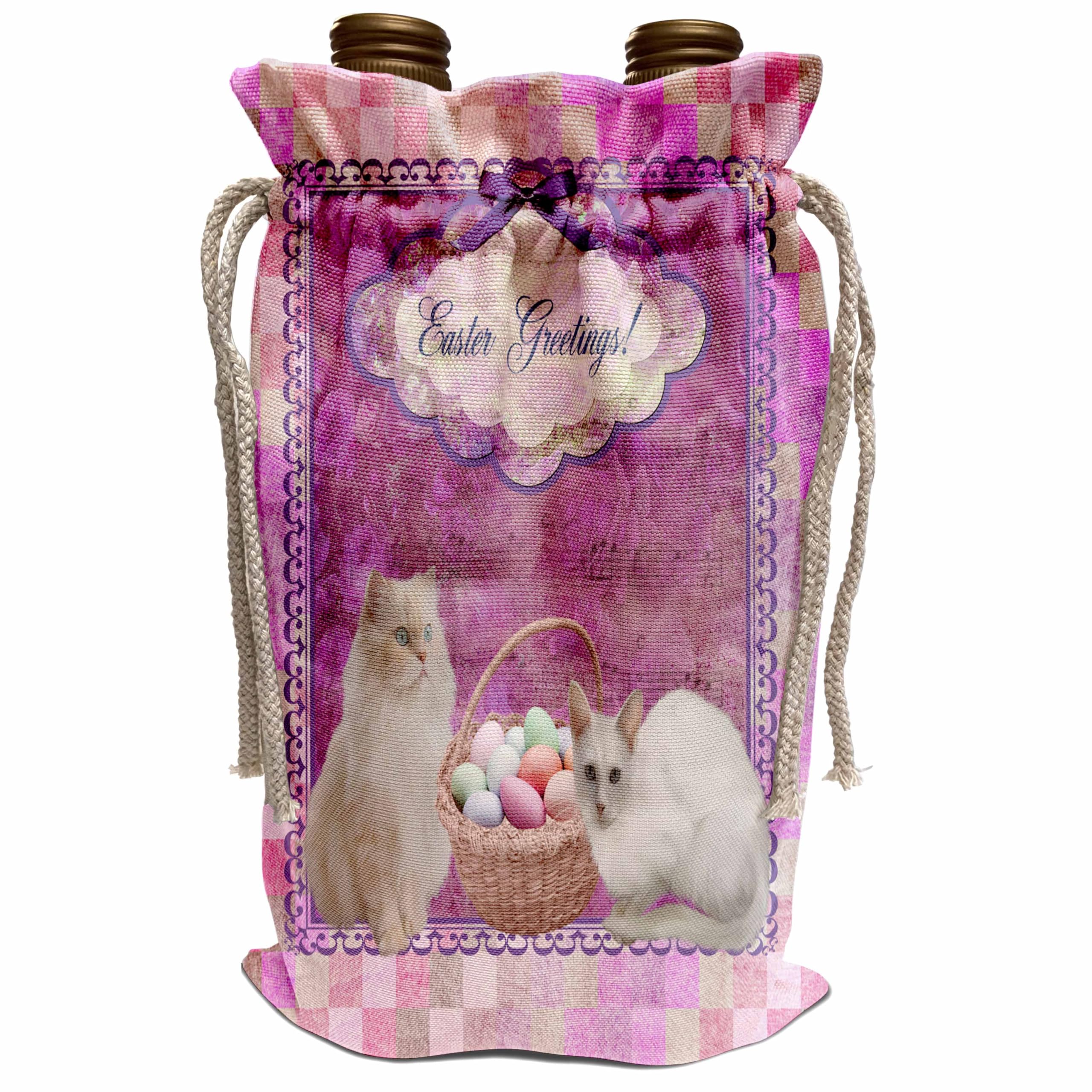 Easter Wine Gift Bag - Pink Kitty Cats with Easter Basket of Eggs on Musical Sheet Background | Perfect for Easter Gifts, Wine Bottle Packaging & Party Favors