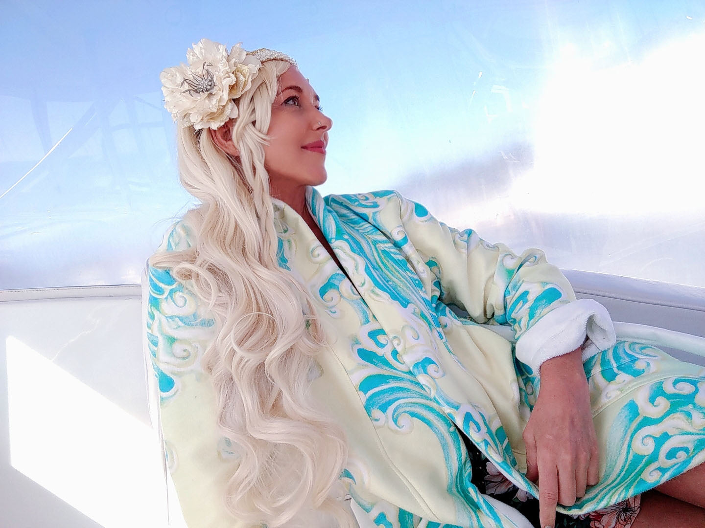 Hannah Mermaid Golden Wave Luxury Terry Robe for Women - Soft Bathrobe with Pockets - Perfect for Spa, Beach Cover-Up, and Relaxing at Home